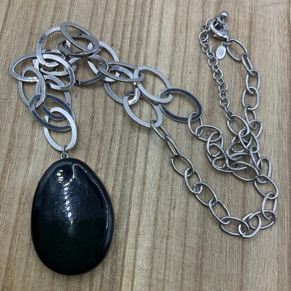 Chico's Long Silver Tone Link Oval Black Pendant Necklace - Picture 2 of 7